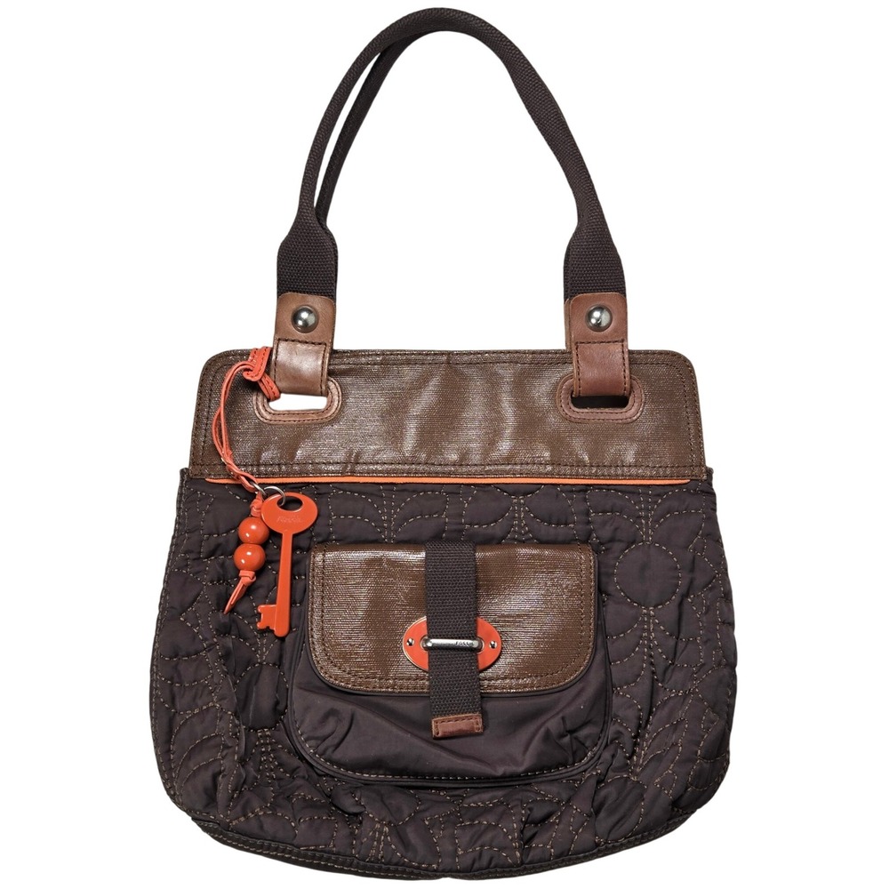 Fossil Key Per Quilted Brown‎ Leather Trim Tote Bag Key Charm